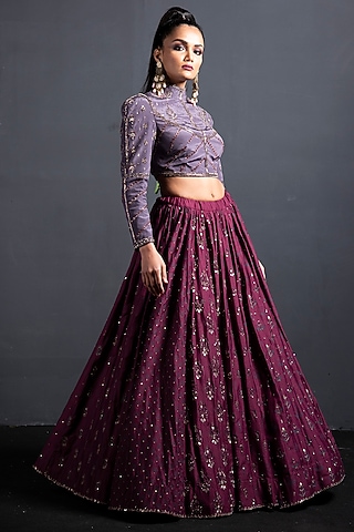 Wine Embroidered Printed Lehenga Set by Neha & Tarun