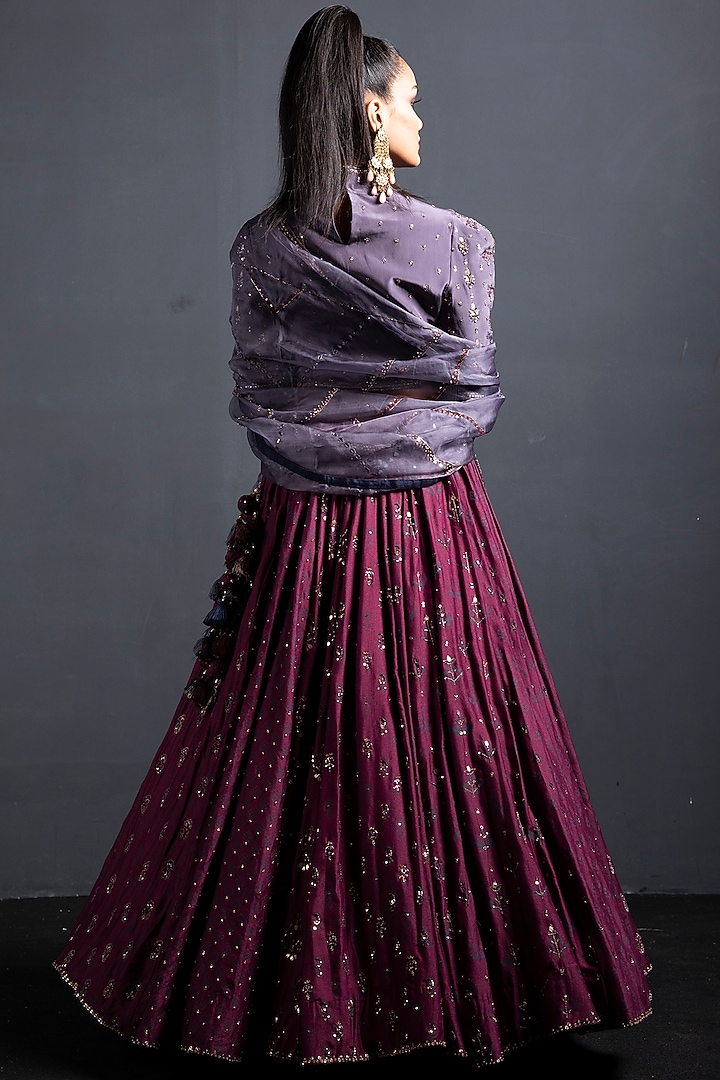 Wine Embroidered Printed Wedding Lehenga Set by Neha & Tarun at Pernia's Pop Up Shop
