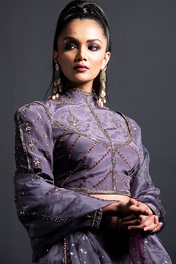 Wine Embroidered Printed Wedding Lehenga Set by Neha & Tarun at Pernia's Pop Up Shop