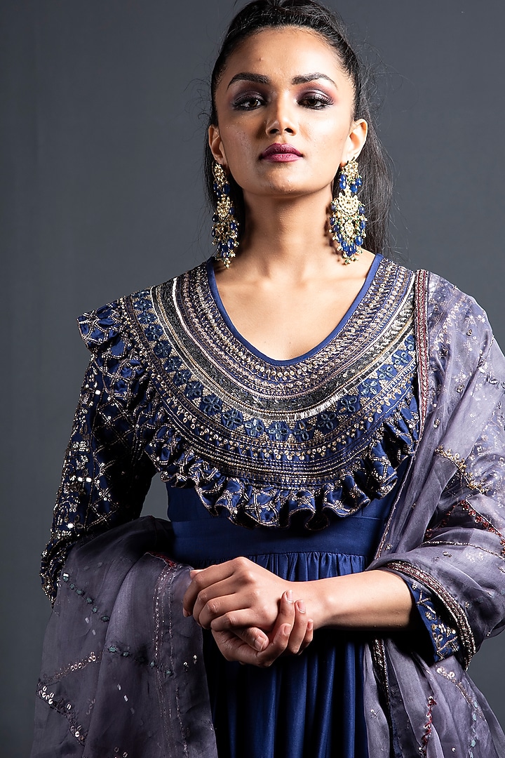 Indigo Blue Embroidered Wedding Anarkali Set by Neha & Tarun at Pernia's Pop Up Shop