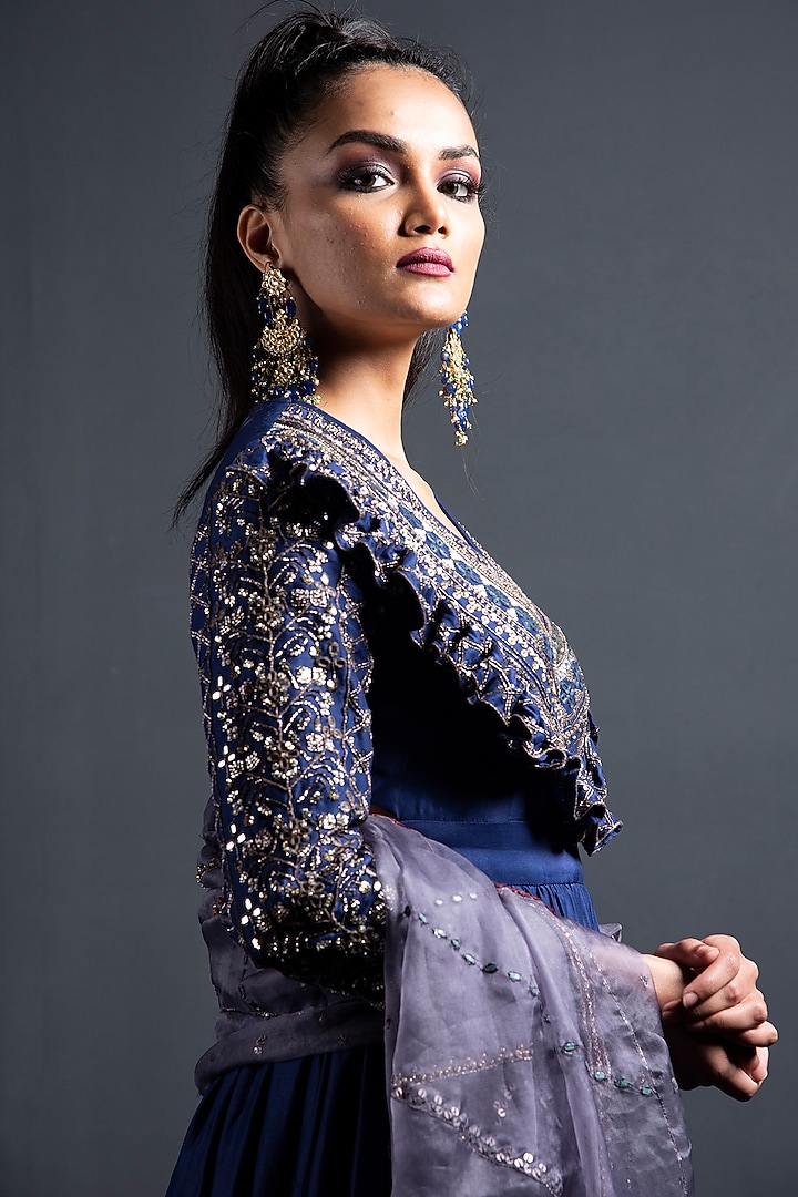 Indigo Blue Embroidered Wedding Anarkali Set by Neha & Tarun at Pernia's Pop Up Shop