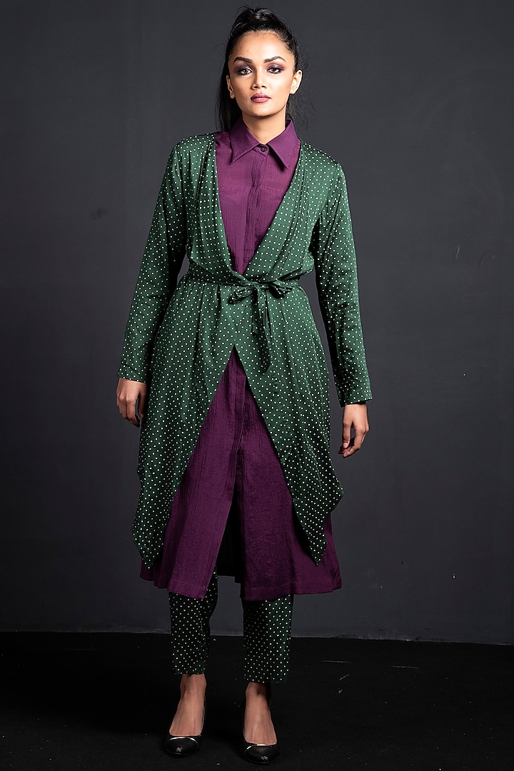 Emerald Green & Purple Printed Jacket Set by Neha & Tarun