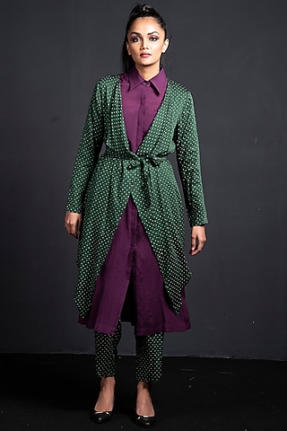 Emerald Green & Purple Printed Jacket Set by Neha & Tarun