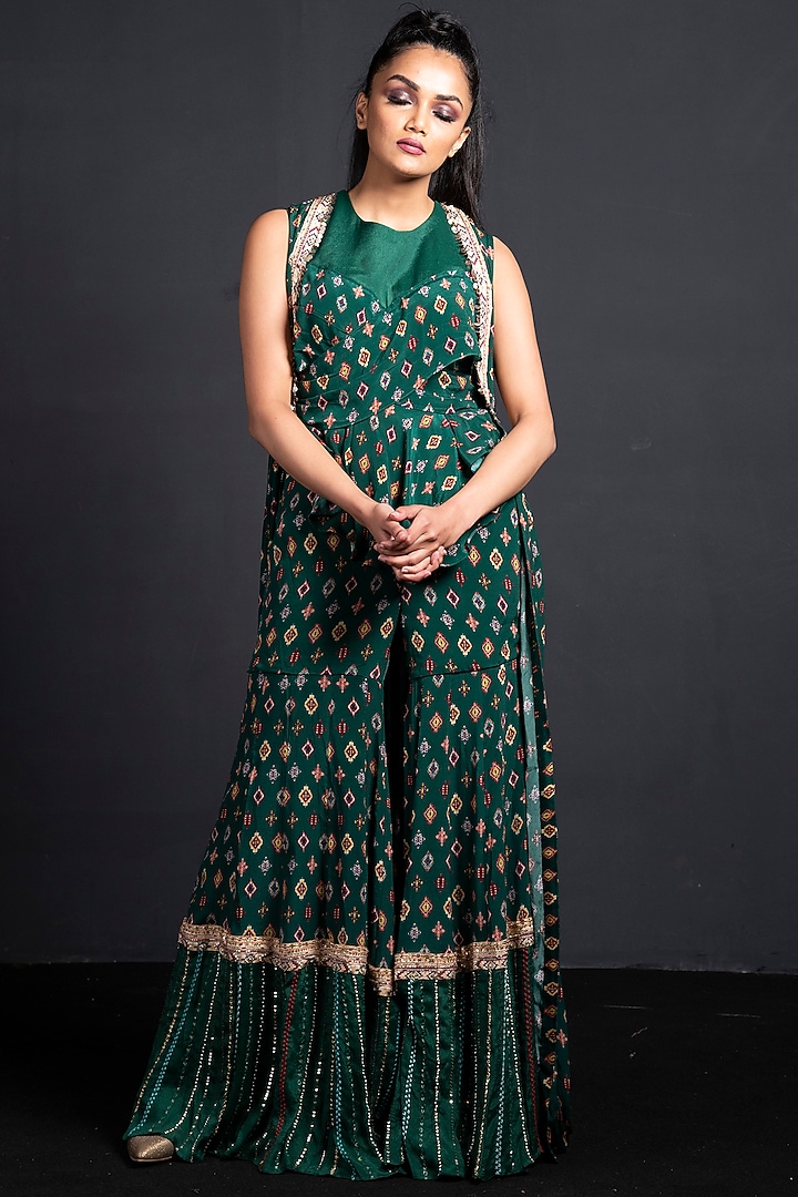 Emerald Green Chinnon Crepe Ikkat Printed Gharara Set by Neha & Tarun at Pernia's Pop Up Shop
