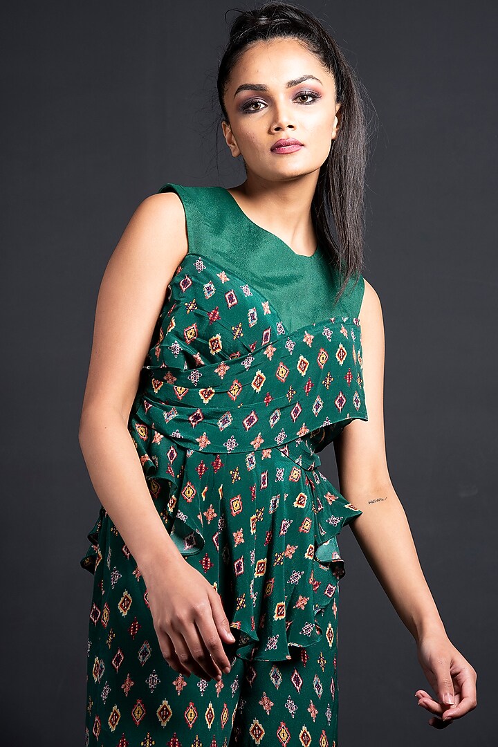 Emerald Green Chinnon Crepe Ikkat Printed Gharara Set by Neha & Tarun at Pernia's Pop Up Shop