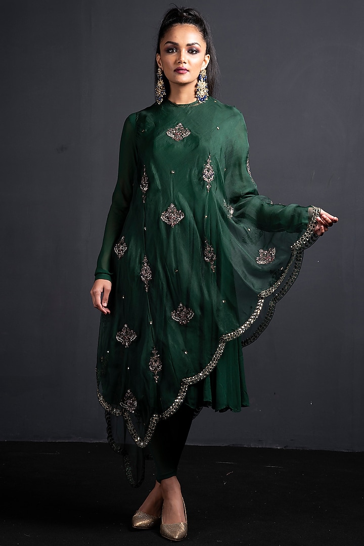 Emerald Green Embroidered Anarkali Set by Neha & Tarun