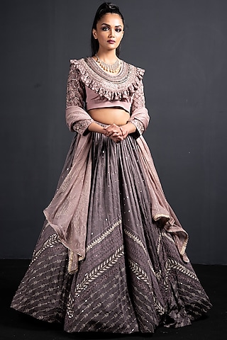 Grey & Blush Pink Embroidered Lehenga Set by Neha & Tarun