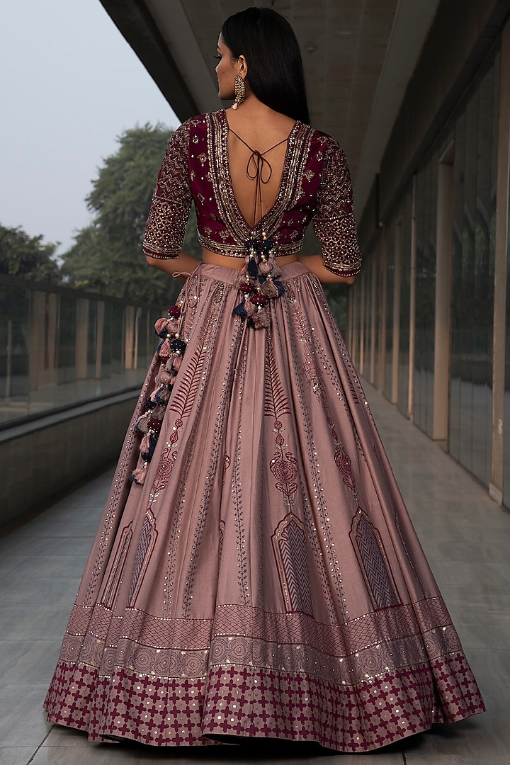 Pink & Wine Embroidered Wedding Lehenga Set by Neha & Tarun at Pernia's Pop Up Shop