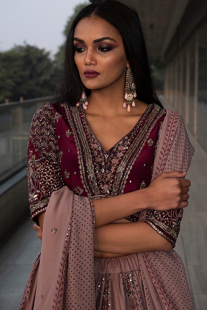 Pink & Wine Embroidered Wedding Lehenga Set by Neha & Tarun at Pernia's Pop Up Shop