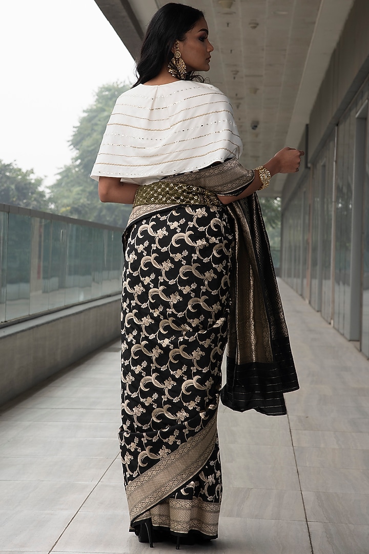 Black & White Zari Embroidered Wedding Saree Set by Neha & Tarun at Pernia's Pop Up Shop