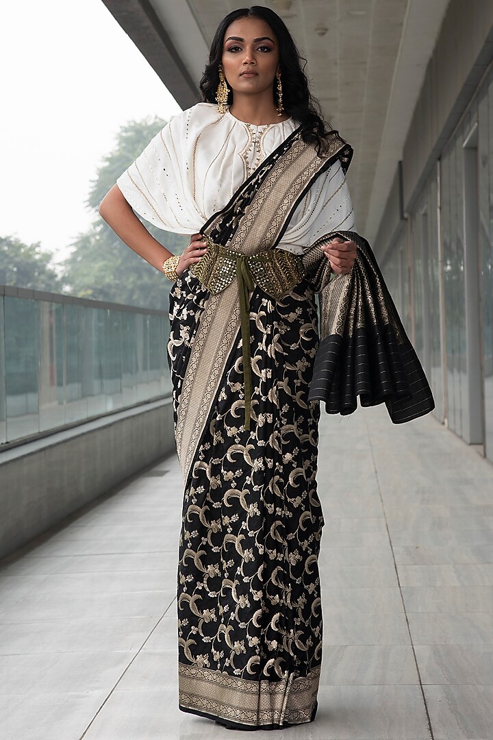Black & White Zari Embroidered Wedding Saree Set by Neha & Tarun at Pernia's Pop Up Shop