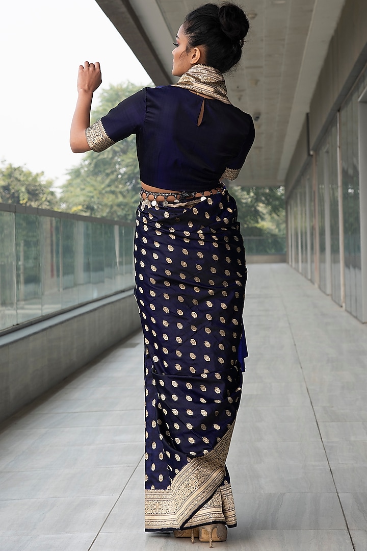 Navy Blue Embroidered Wedding Saree Set by Neha & Tarun at Pernia's Pop Up Shop