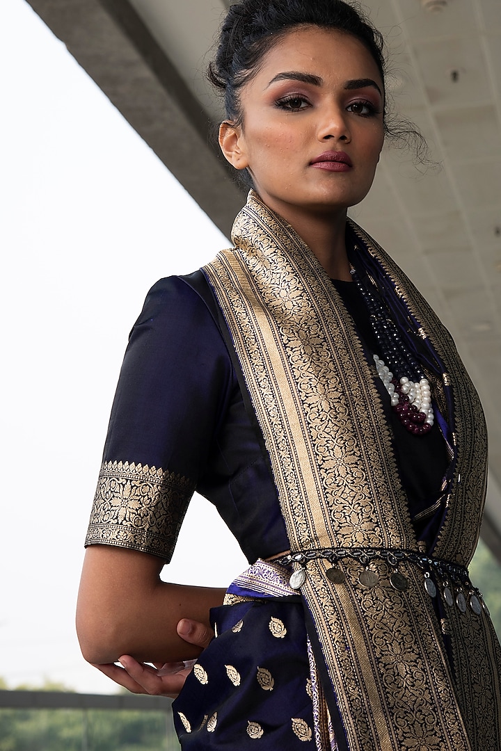 Navy Blue Embroidered Wedding Saree Set by Neha & Tarun at Pernia's Pop Up Shop