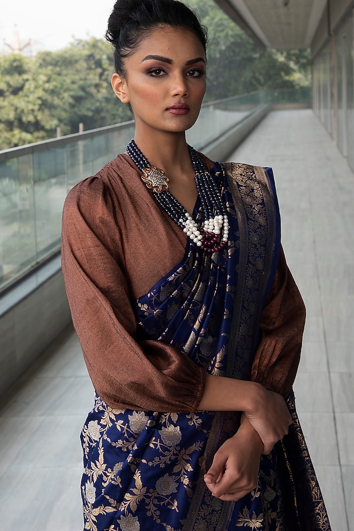 Cobalt Blue & Copper Embroidered Wedding Saree Set by Neha & Tarun at Pernia's Pop Up Shop