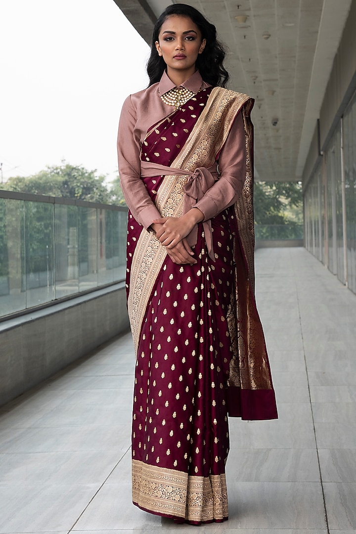 Maroon & Pink Katan Silk Zari Embroidered Saree Set by Neha & Tarun