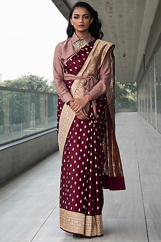 Maroon & Pink Katan Silk Zari Embroidered Saree Set by Neha & Tarun