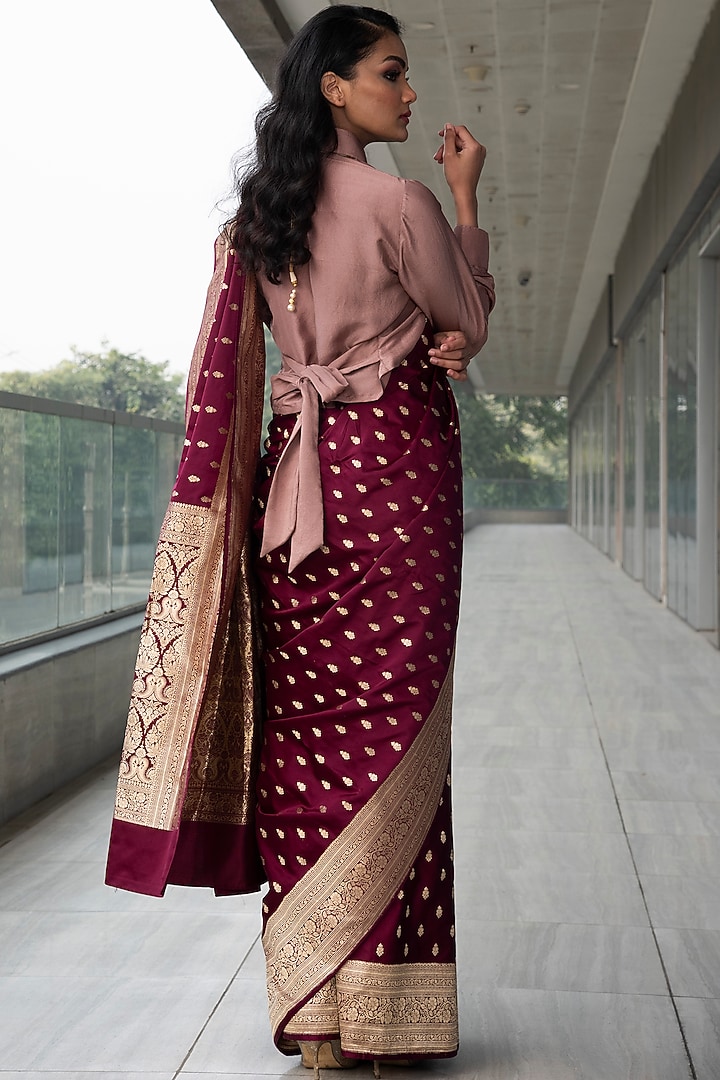 Maroon & Pink Katan Silk Zari Embroidered Wedding Saree Set by Neha & Tarun at Pernia's Pop Up Shop