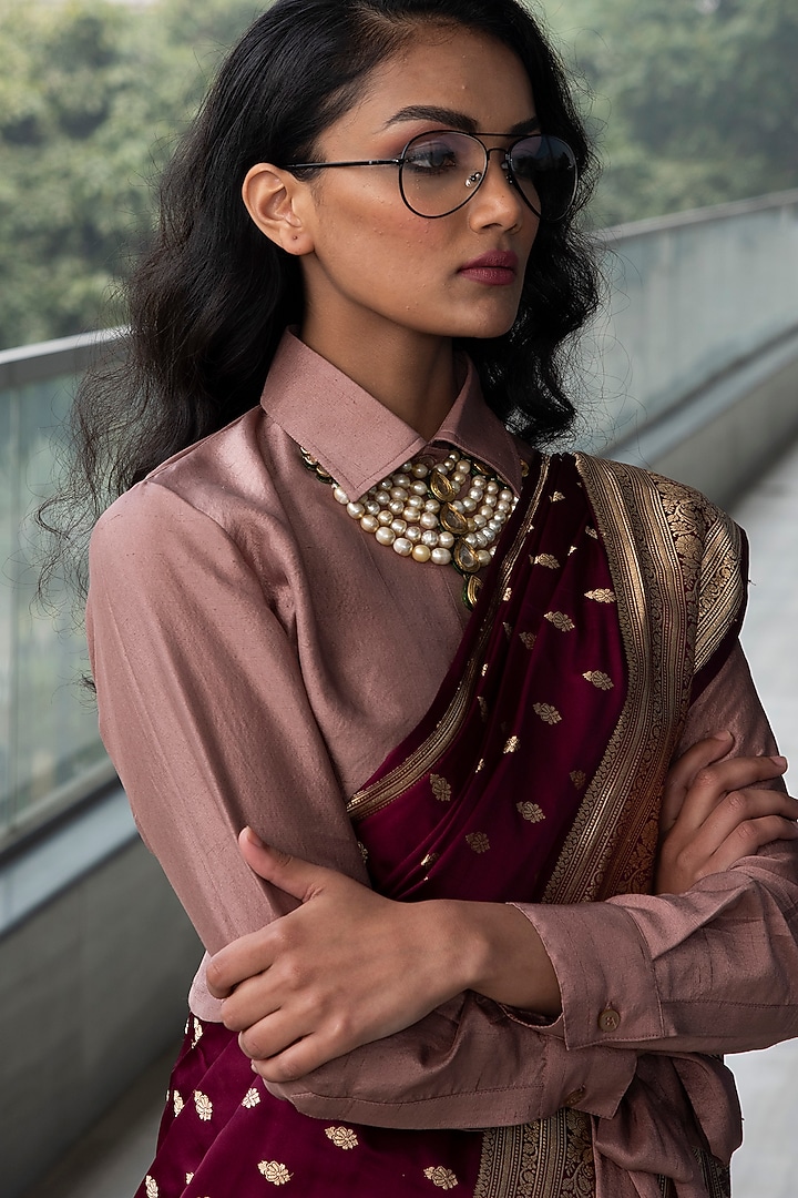 Maroon & Pink Katan Silk Zari Embroidered Wedding Saree Set by Neha & Tarun at Pernia's Pop Up Shop