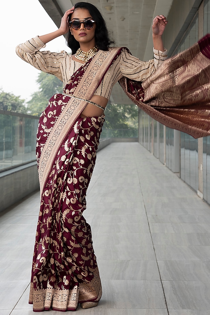 Wine & Gold Embroidered Saree Set by Neha & Tarun