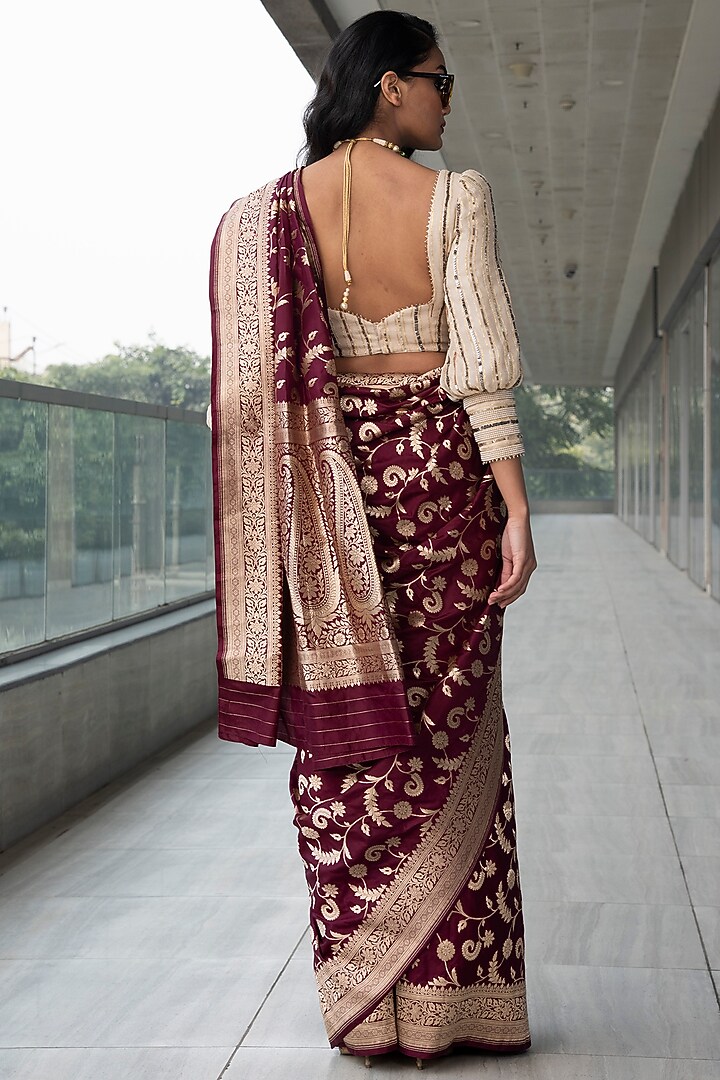 Wine & Gold Embroidered Wedding Saree Set by Neha & Tarun at Pernia's Pop Up Shop