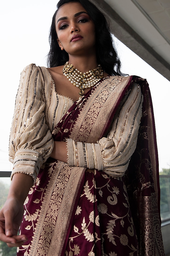 Wine & Gold Embroidered Wedding Saree Set by Neha & Tarun at Pernia's Pop Up Shop