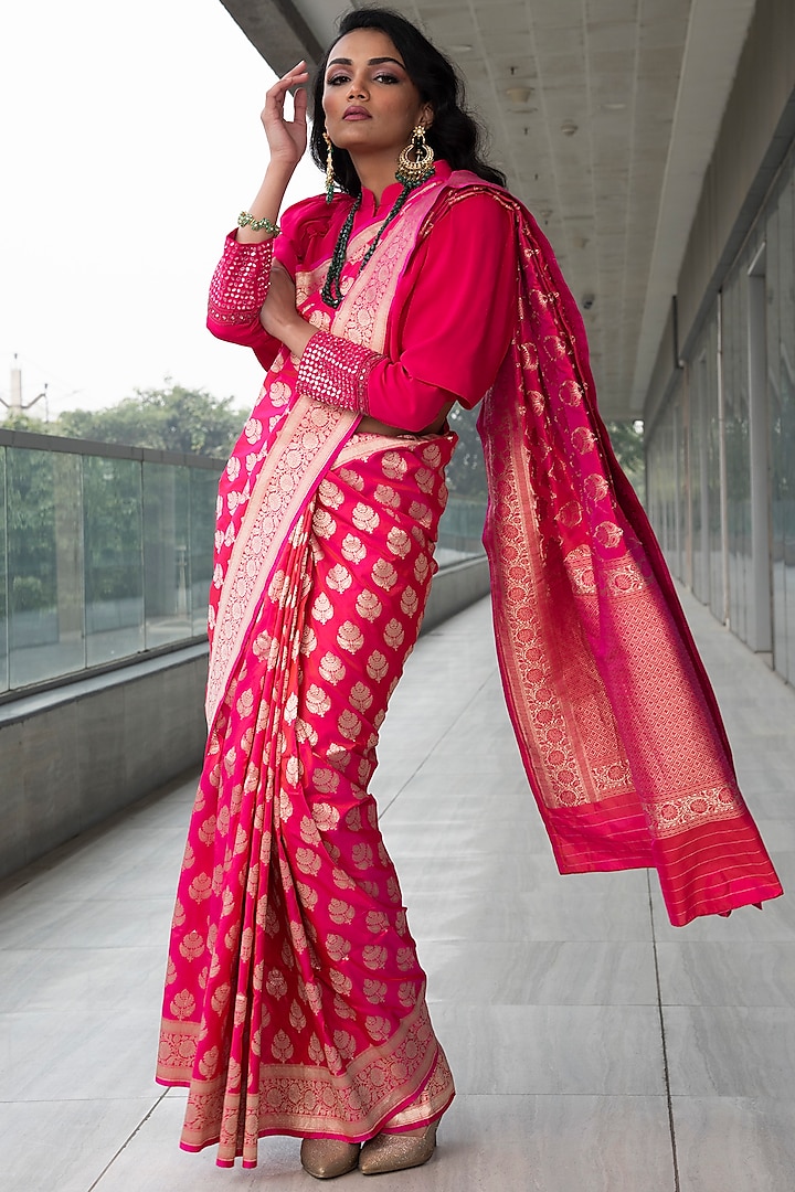 Fuchsia Embroidered Saree Set by Neha & Tarun