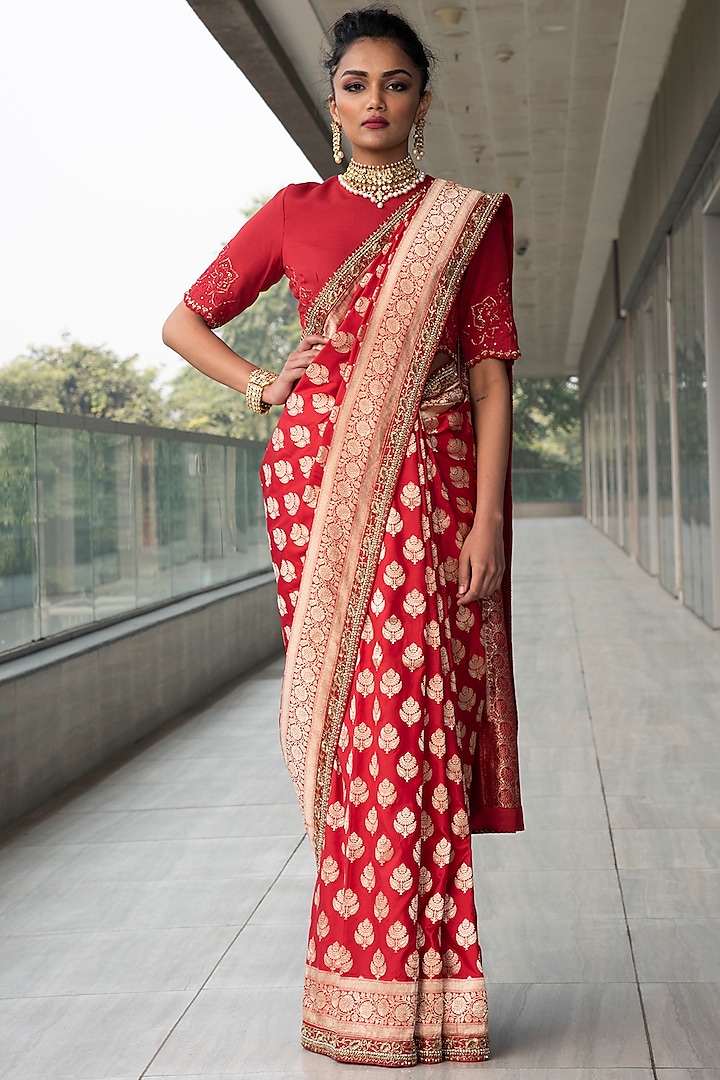 Red Embroidered Saree Set by Neha & Tarun