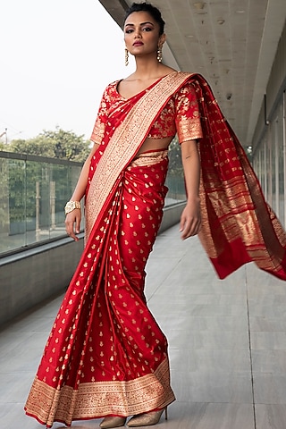Red Zari Embroidered Saree Set by Neha & Tarun