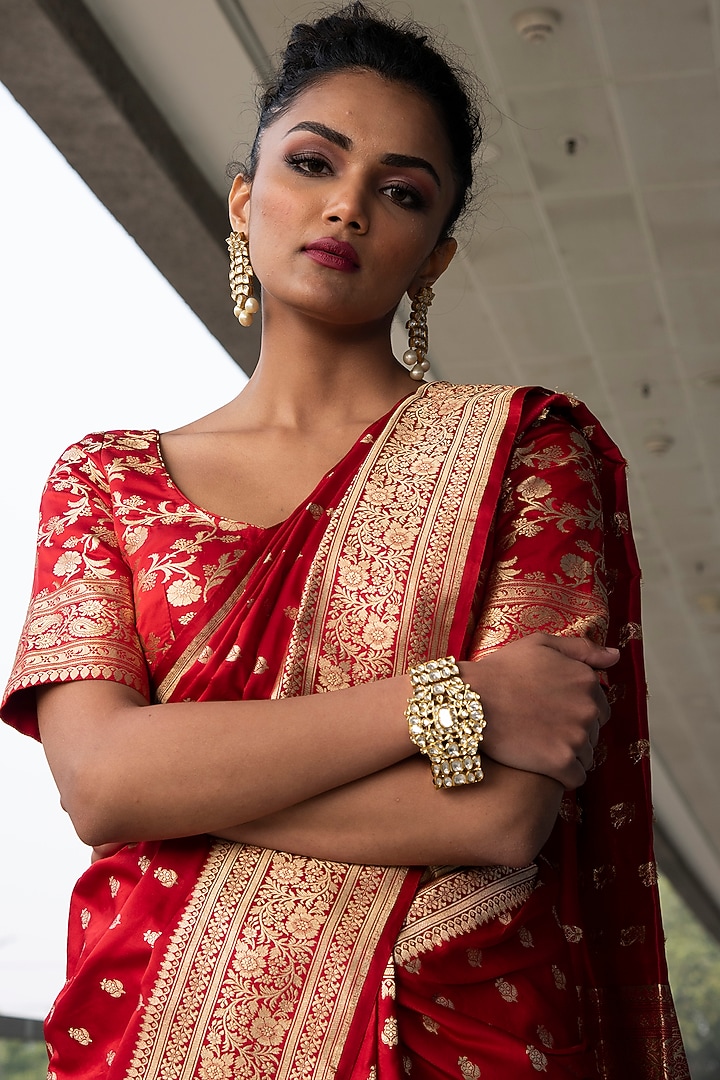 Red Zari Embroidered Wedding Saree Set by Neha & Tarun at Pernia's Pop Up Shop