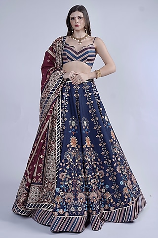 Blue Chanderi Printed & Embroidered Lehenga Set by Neha & Tarun