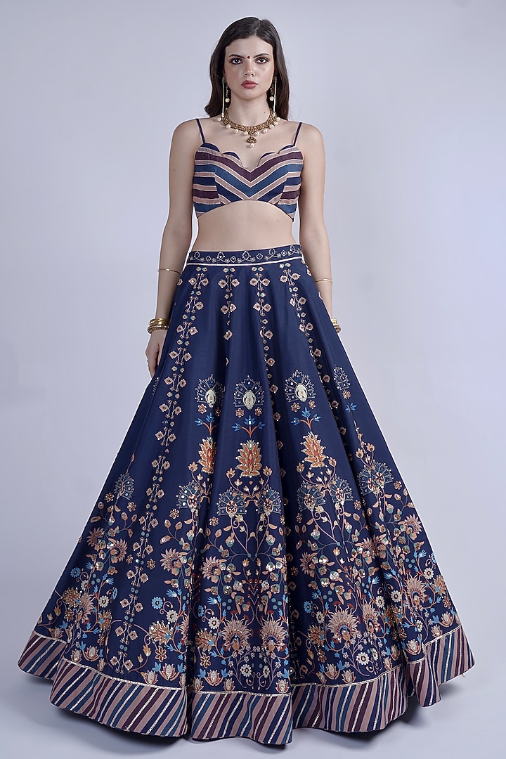 Blue Chanderi Printed & Embroidered Wedding Lehenga Set by Neha & Tarun at Pernia's Pop Up Shop