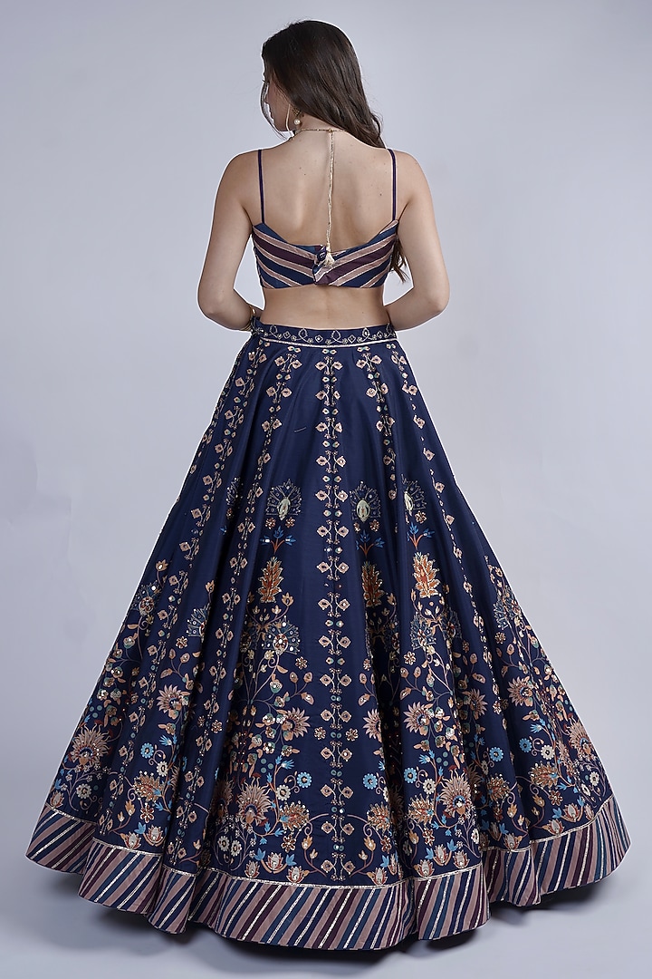 Blue Chanderi Printed & Embroidered Wedding Lehenga Set by Neha & Tarun at Pernia's Pop Up Shop