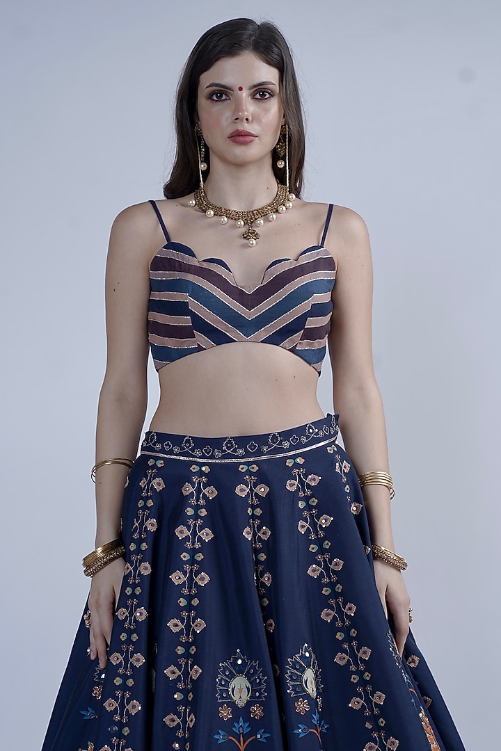 Blue Chanderi Printed & Embroidered Wedding Lehenga Set by Neha & Tarun at Pernia's Pop Up Shop