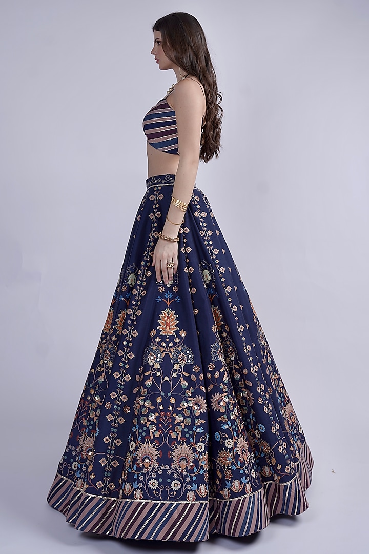 Blue Chanderi Printed & Embroidered Wedding Lehenga Set by Neha & Tarun at Pernia's Pop Up Shop