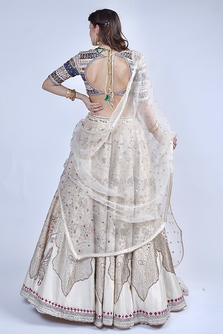 White Chanderi Thread & Sequins Embroidered Bridal Lehenga Set by Neha & Tarun at Pernia's Pop Up Shop