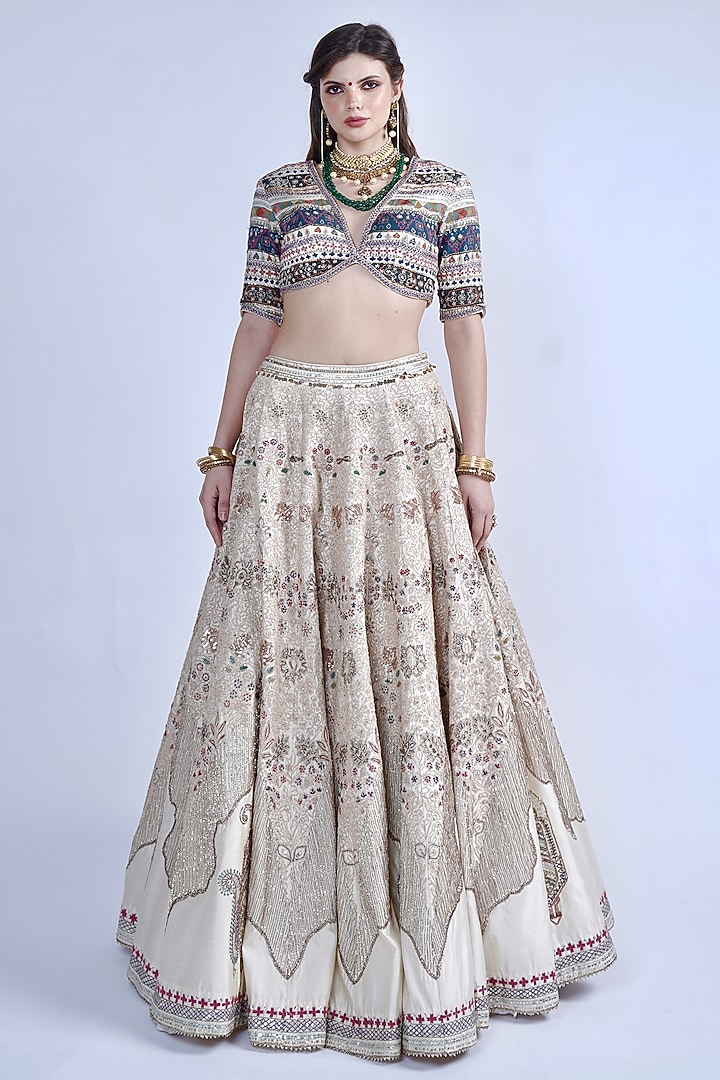 White Chanderi Thread & Sequins Embroidered Bridal Lehenga Set by Neha & Tarun at Pernia's Pop Up Shop