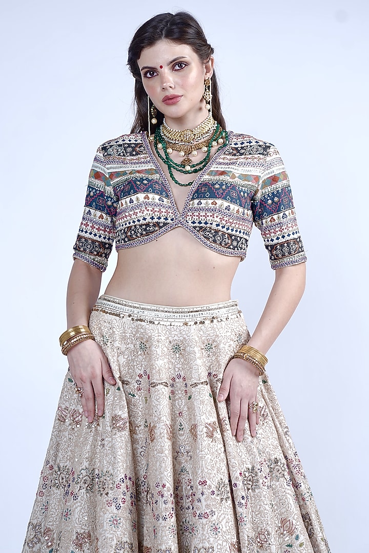 White Chanderi Thread & Sequins Embroidered Bridal Lehenga Set by Neha & Tarun at Pernia's Pop Up Shop