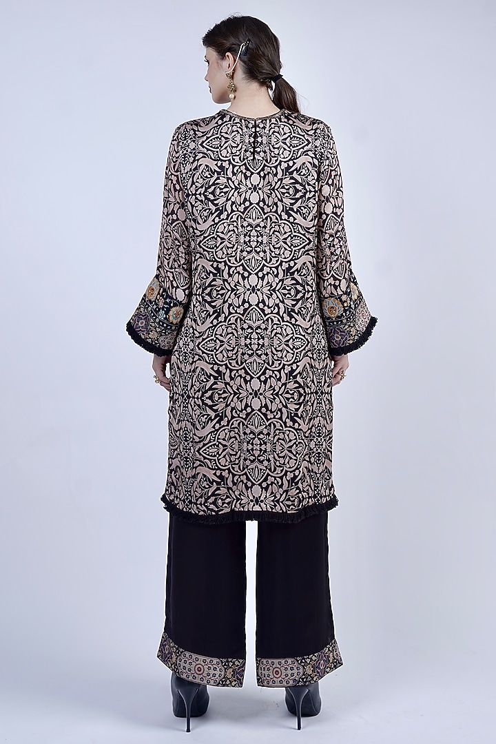 Black Satin Georgette Printed & Embroidered Kurta Set by Neha & Tarun at Pernia's Pop Up Shop