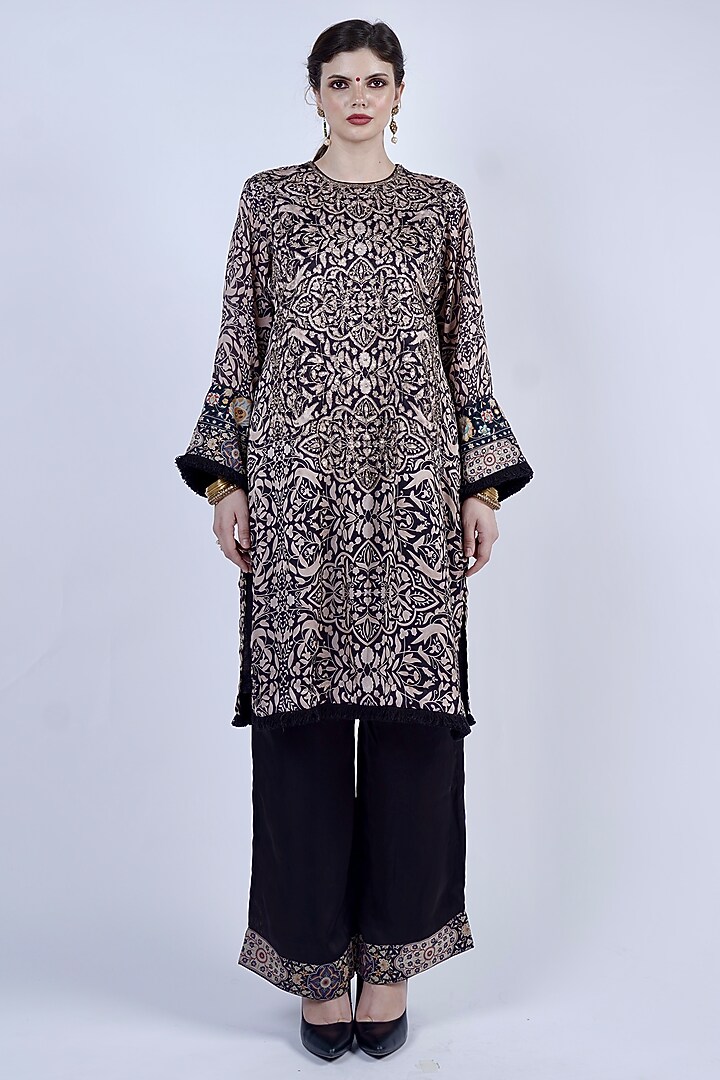 Black Satin Georgette Printed & Embroidered Kurta Set by Neha & Tarun at Pernia's Pop Up Shop