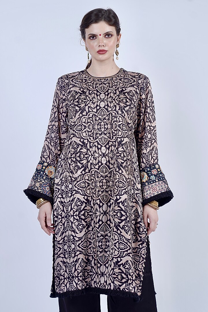 Black Satin Georgette Printed & Embroidered Kurta Set by Neha & Tarun at Pernia's Pop Up Shop