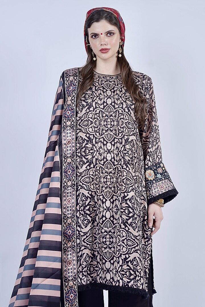 Black Satin Georgette Printed & Embroidered Kurta Set by Neha & Tarun at Pernia's Pop Up Shop
