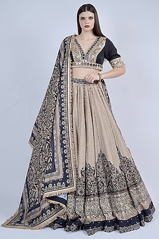 Black & Beige Chanderi Printed & Embroidered Lehenga Set by Neha & Tarun
