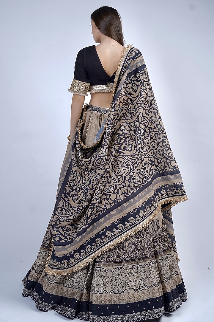 Black & Beige Chanderi Printed & Embroidered Wedding Lehenga Set by Neha & Tarun at Pernia's Pop Up Shop