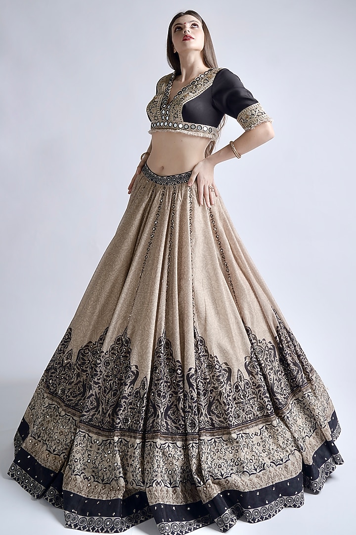 Black & Beige Chanderi Printed & Embroidered Wedding Lehenga Set by Neha & Tarun at Pernia's Pop Up Shop