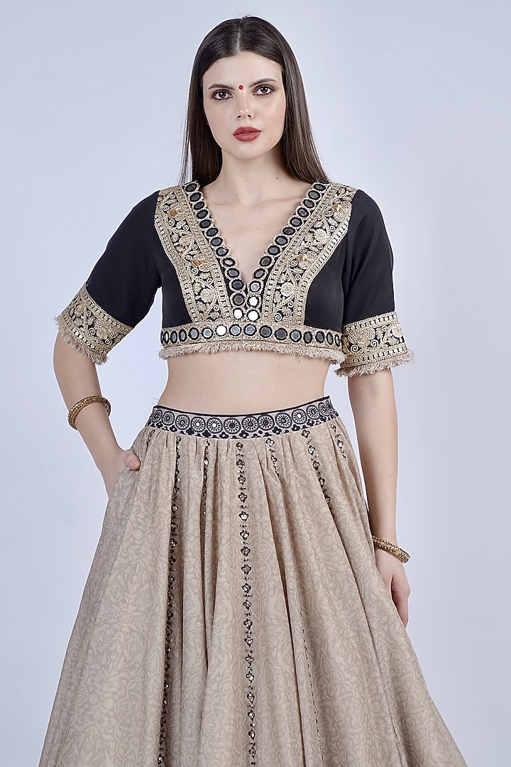 Black & Beige Chanderi Printed & Embroidered Wedding Lehenga Set by Neha & Tarun at Pernia's Pop Up Shop