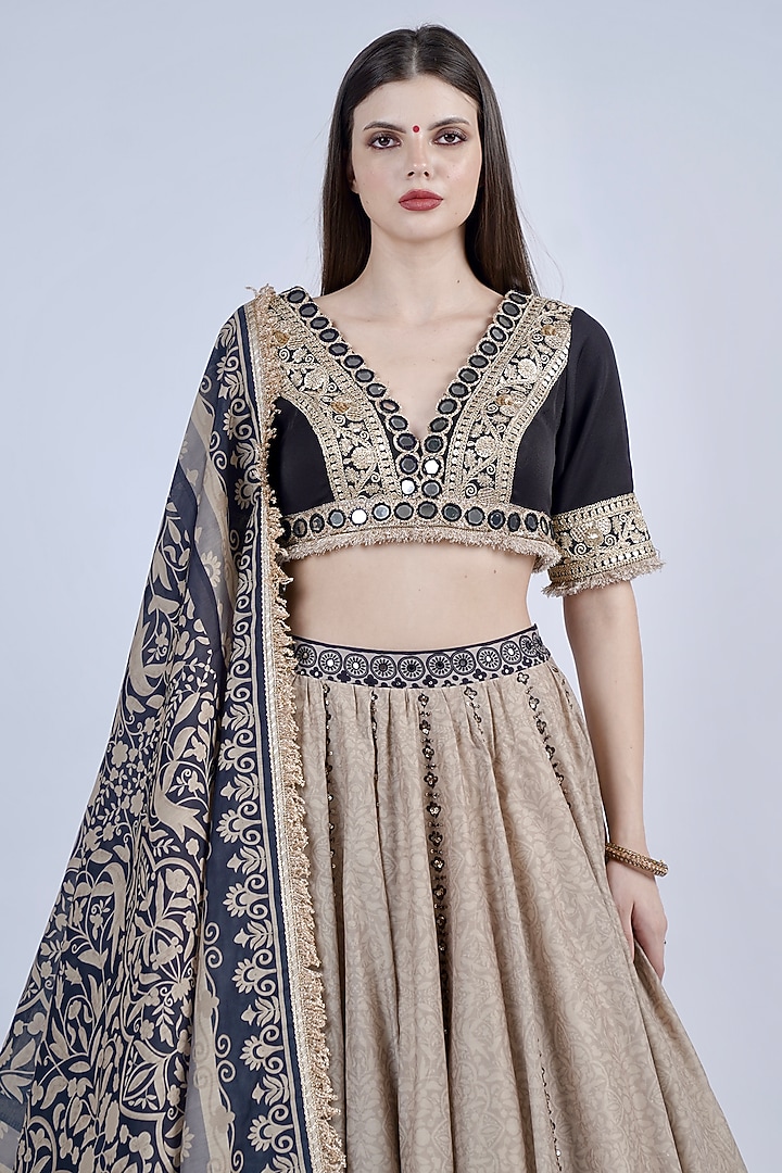 Black & Beige Chanderi Printed & Embroidered Wedding Lehenga Set by Neha & Tarun at Pernia's Pop Up Shop
