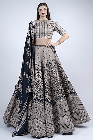 Black & Beige Raw Silk Printed & Embroidered Lehenga Set by Neha & Tarun