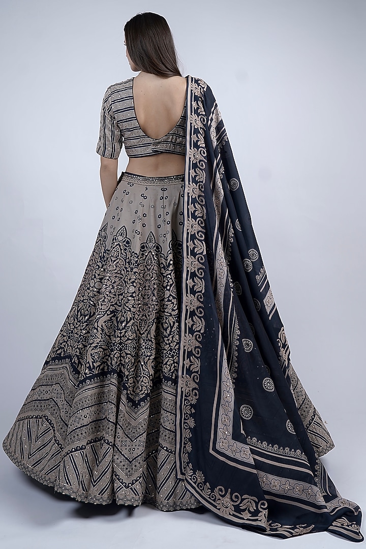 Black & Beige Raw Silk Printed & Embroidered Wedding Lehenga Set by Neha & Tarun at Pernia's Pop Up Shop