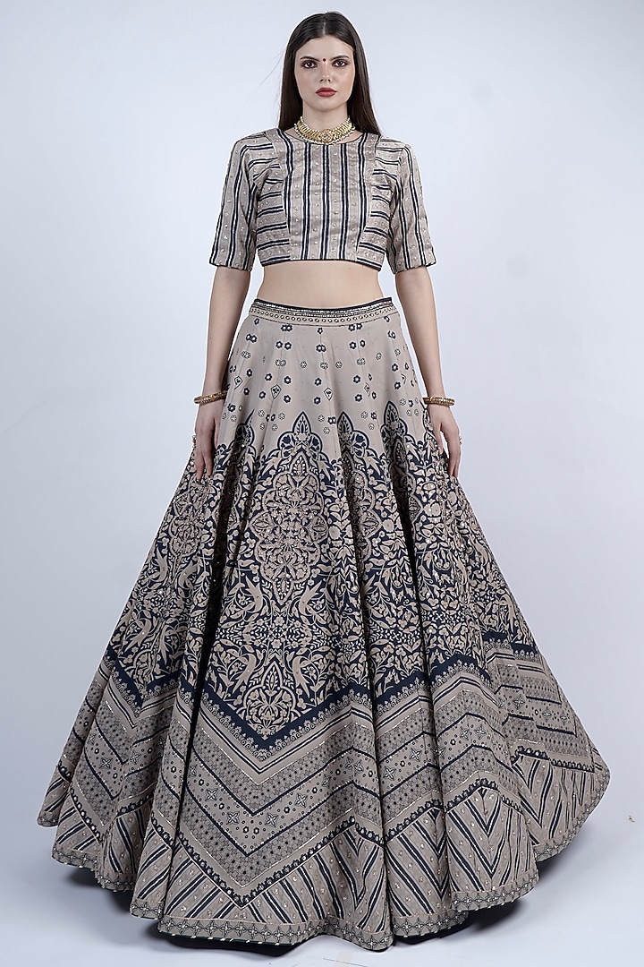 Black & Beige Raw Silk Printed & Embroidered Wedding Lehenga Set by Neha & Tarun at Pernia's Pop Up Shop