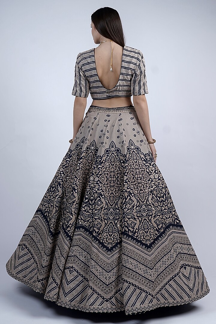 Black & Beige Raw Silk Printed & Embroidered Wedding Lehenga Set by Neha & Tarun at Pernia's Pop Up Shop